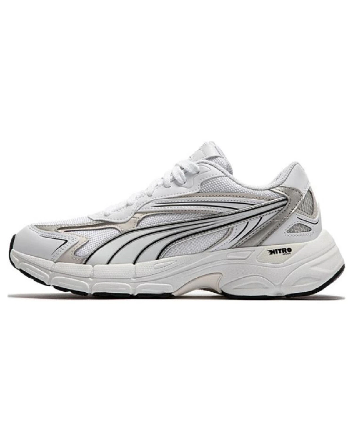 PUMA Teveris Nitro унисекс беговые кроссовки бело-серые из ткани и искусственной кожи картинка
