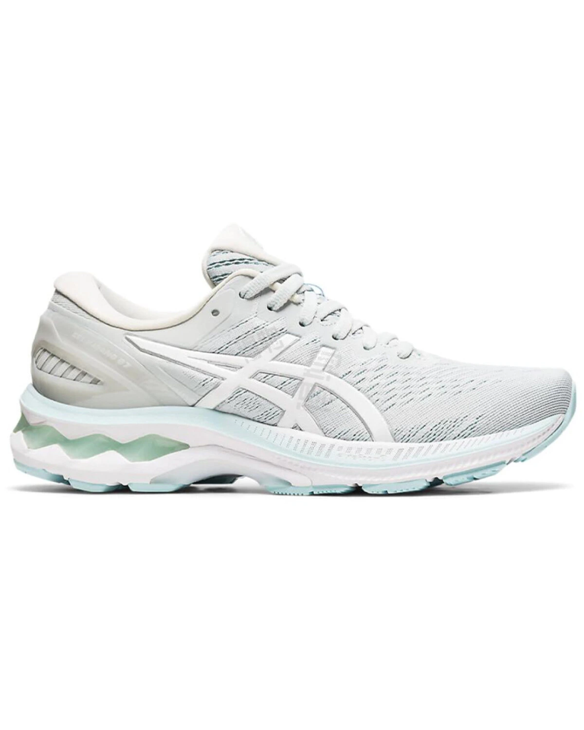 Asics Gel-Kayano 27 женские кроссовки для бега серо-белые с голубым картинка