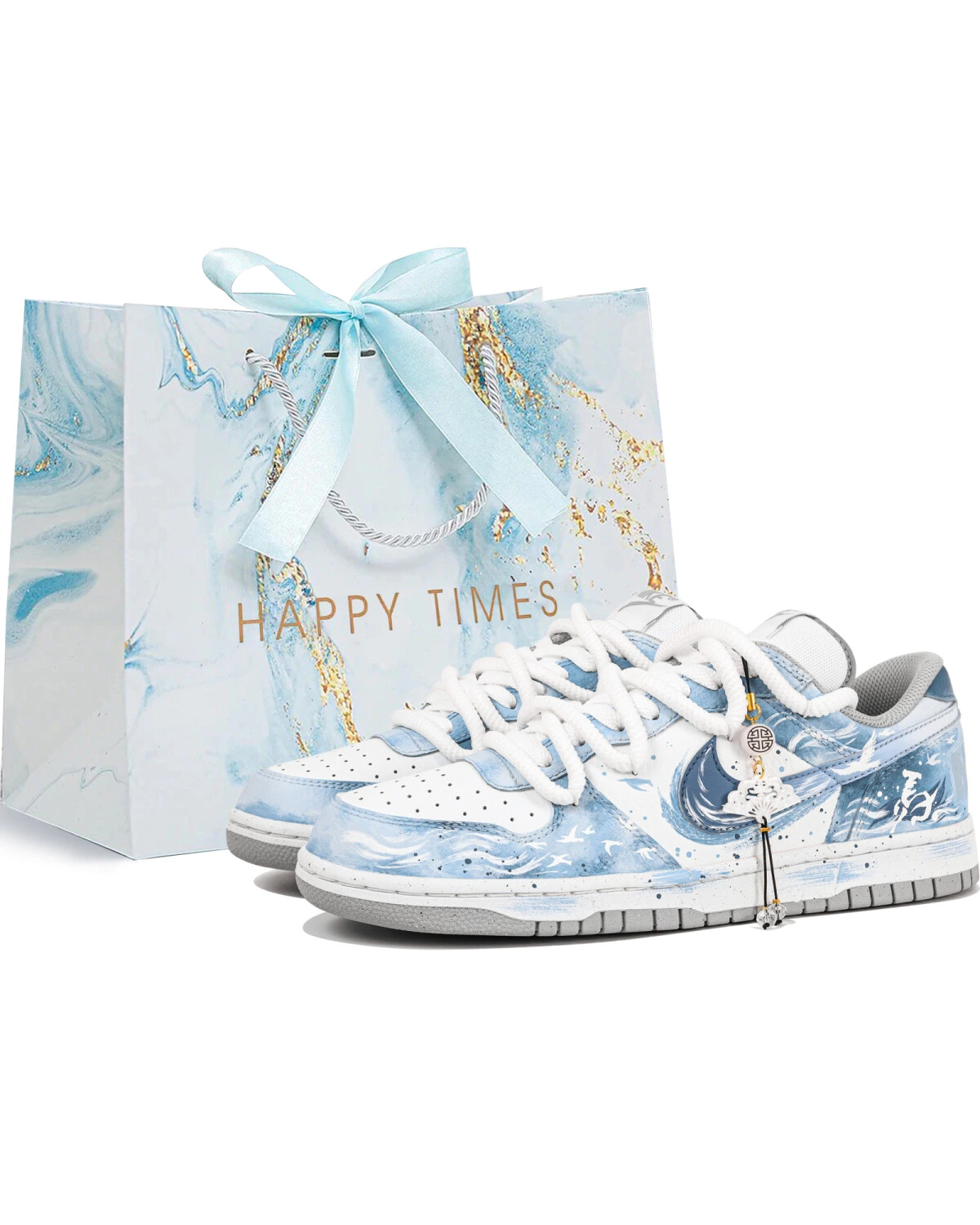 Nike Big Low мужские кеды сине-белые с ручной росписью картинка