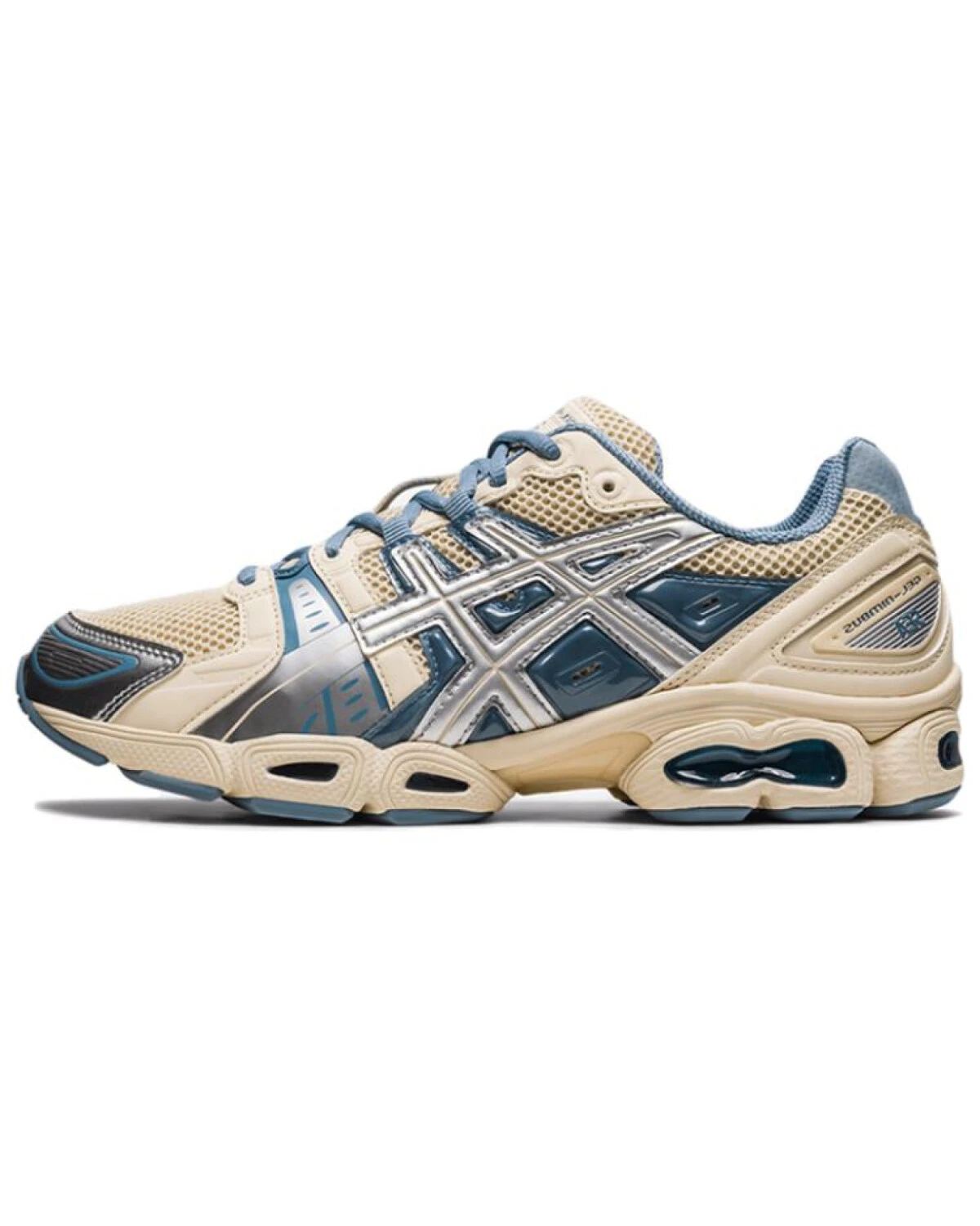 Asics GEL-Nimbus 9 унисекс кроссовки бежевые с голубыми деталями картинка