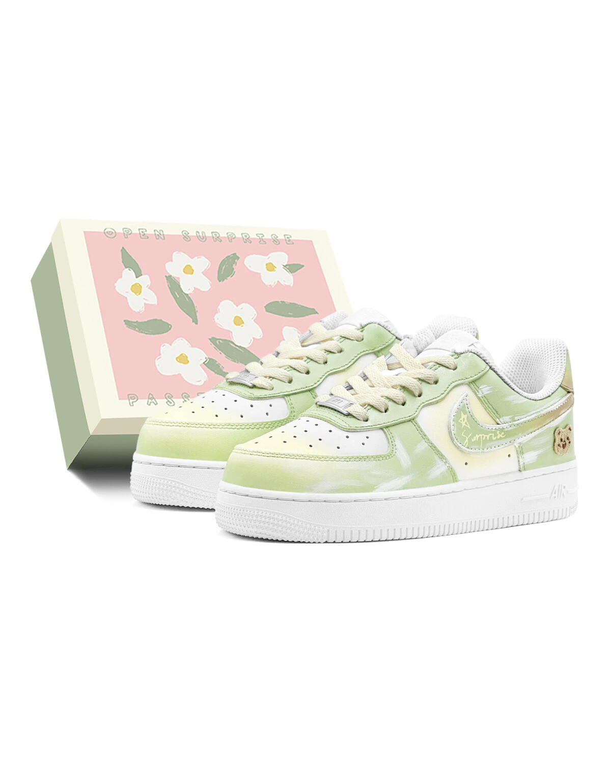 Nike Air Force 1 женские повседневные кроссовки зелено-желтые с медвежьим принтом картинка