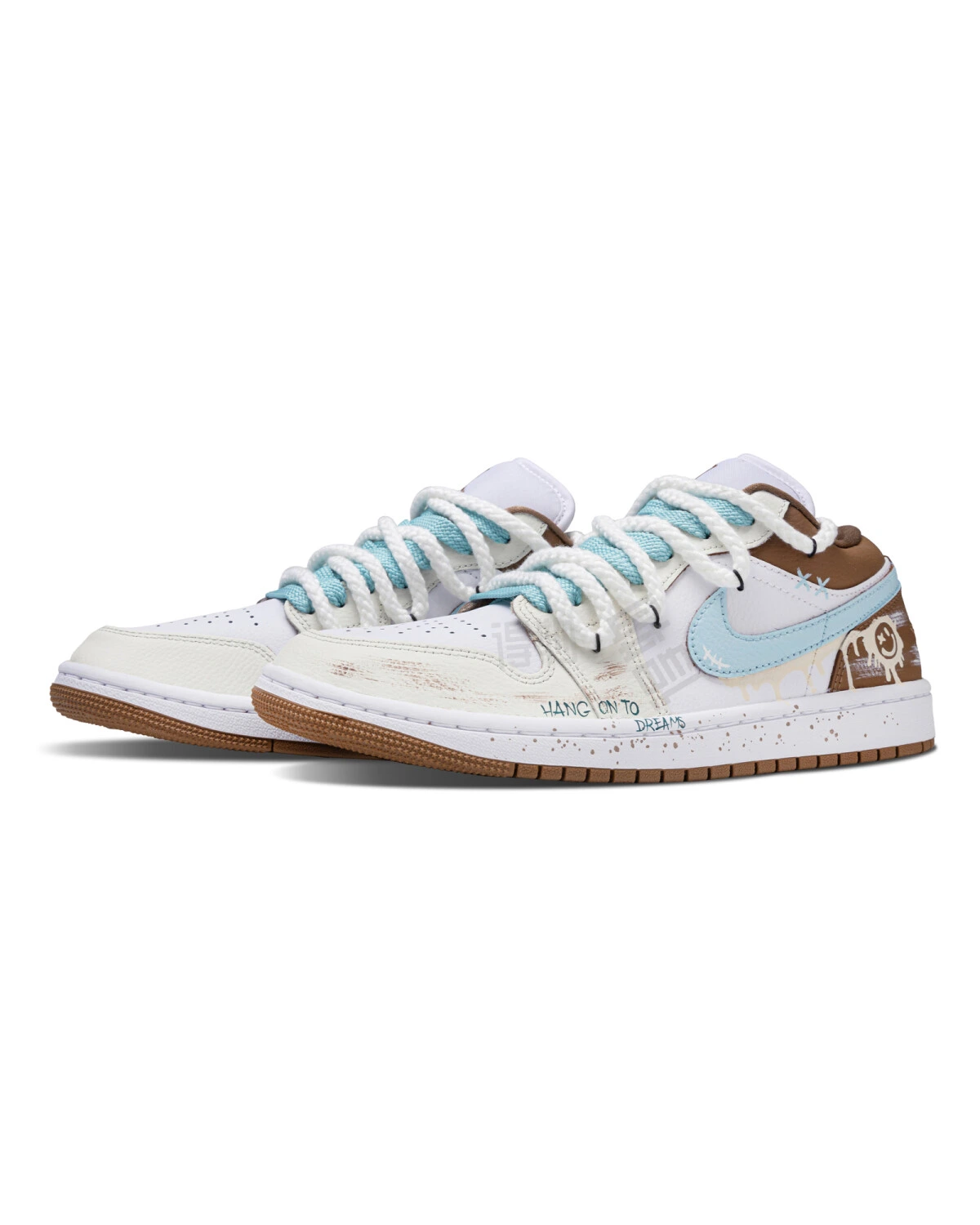 Jordan Air Jordan 1 унисекс кроссовки бело-голубые с коричневыми вставками картинка