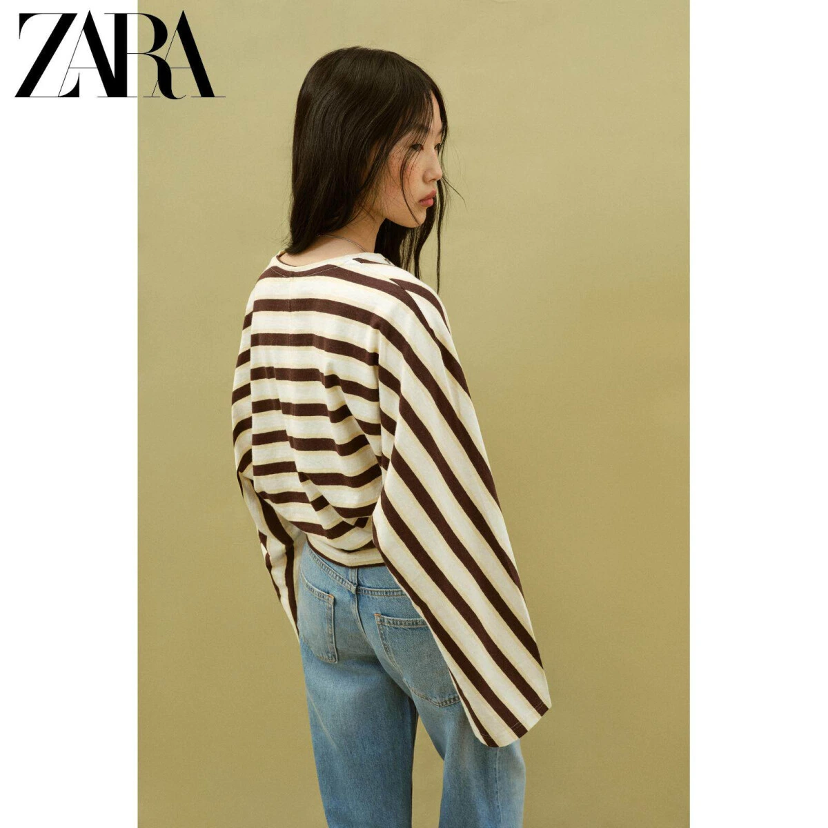 ZARA женская футболка длинный рукав хлопок-лен полосатая картинка
