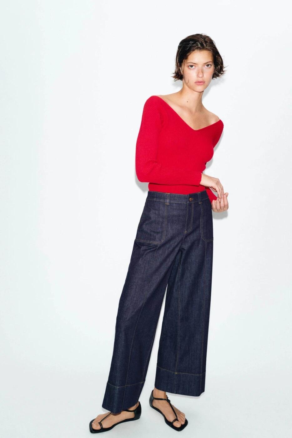 ZARA Z1975 женские средние свободные джинсы широкие с хлопком и эластаном картинка