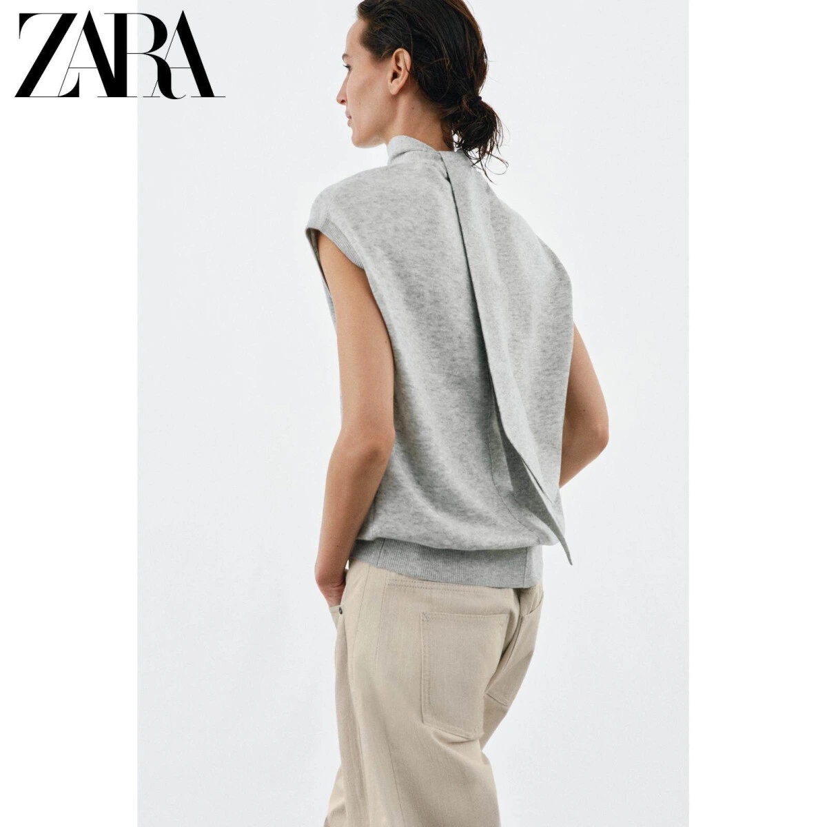 ZARA женский трикотажный жилет с высоким воротом и бантом однотонный картинка