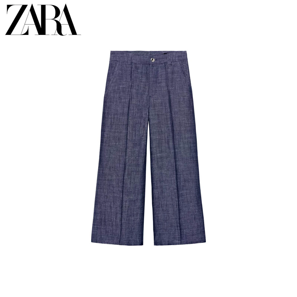 ZARA женские широкие брюки с высокой талией из вискозы и льна синие картинка