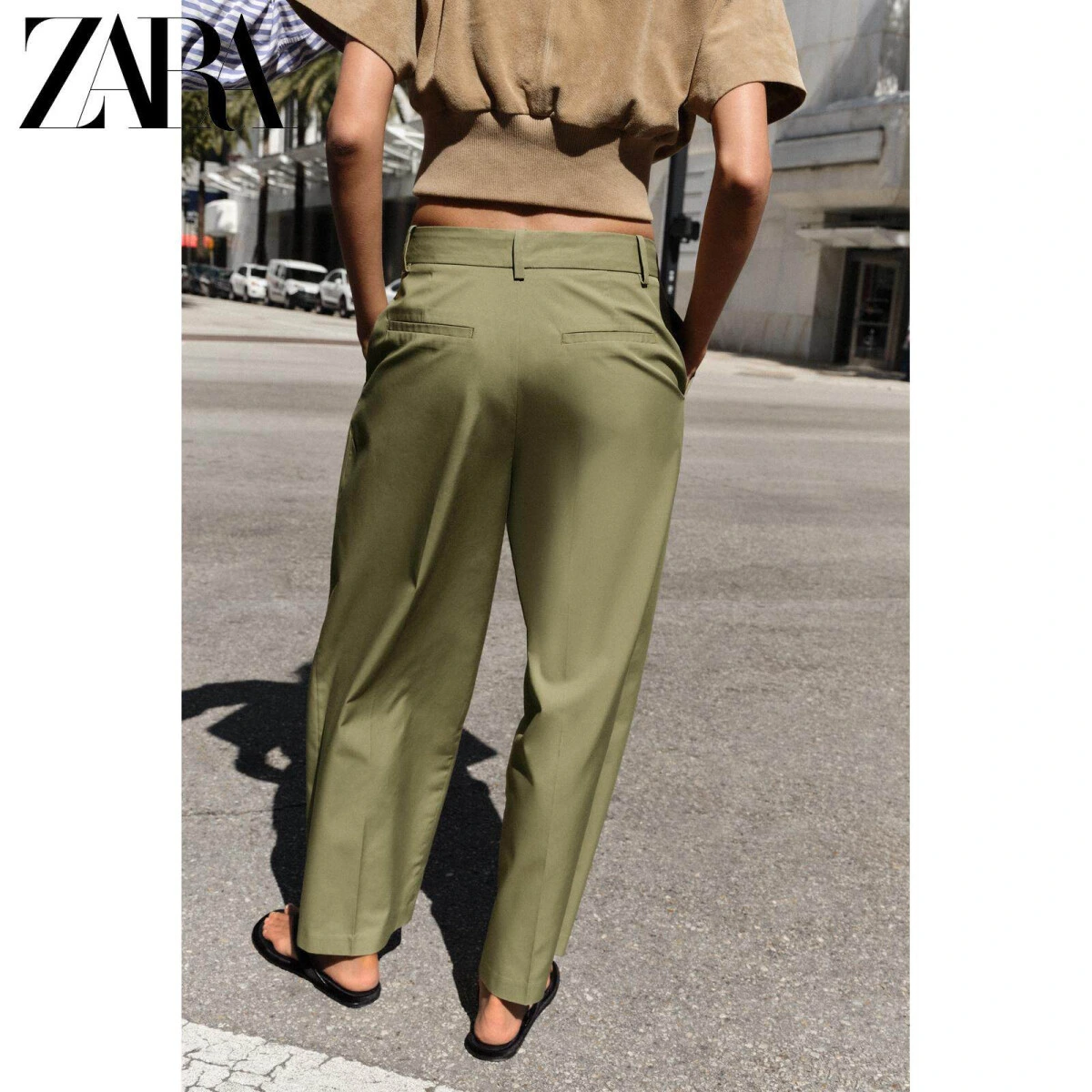 ZARA женские прямые брюки средней посадки хаки из хлопка и модала картинка