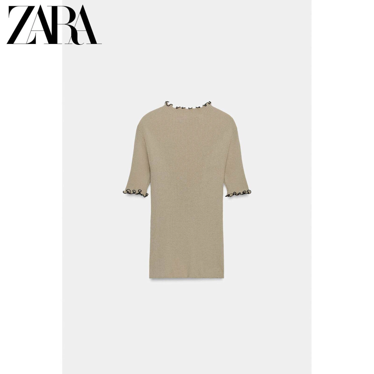 ZARA женский вязаный топ однотонный с круглым вырезом бежевый картинка