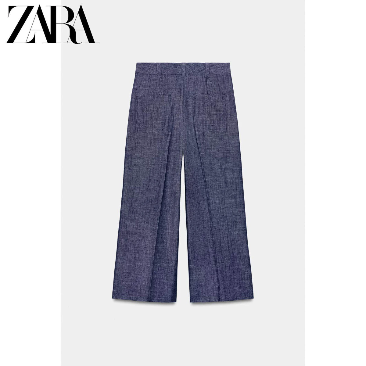ZARA женские широкие брюки с высокой талией из вискозы и льна синие картинка