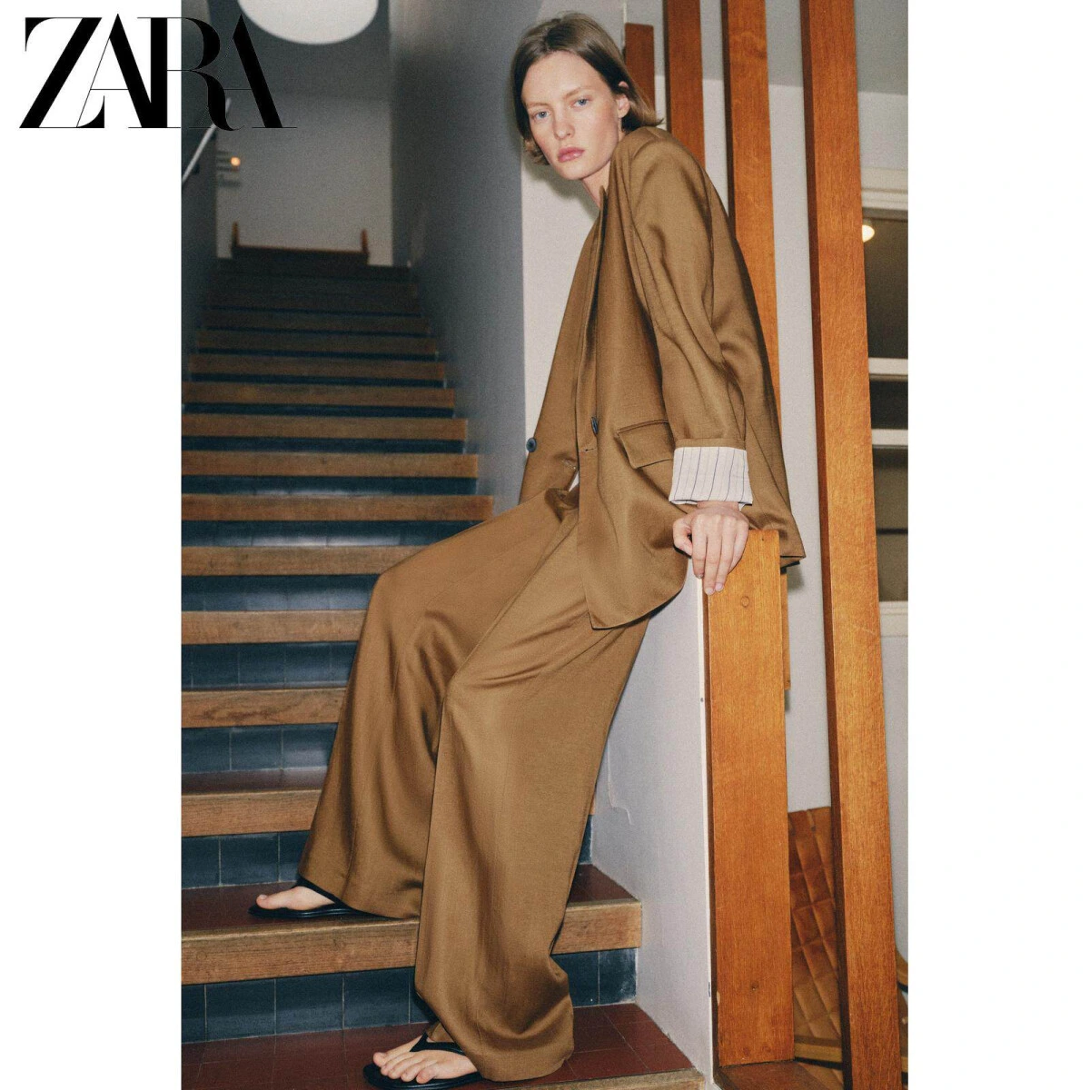 ZARA женские прямые брюки средней посадки льняные 2026 весна-лето картинка