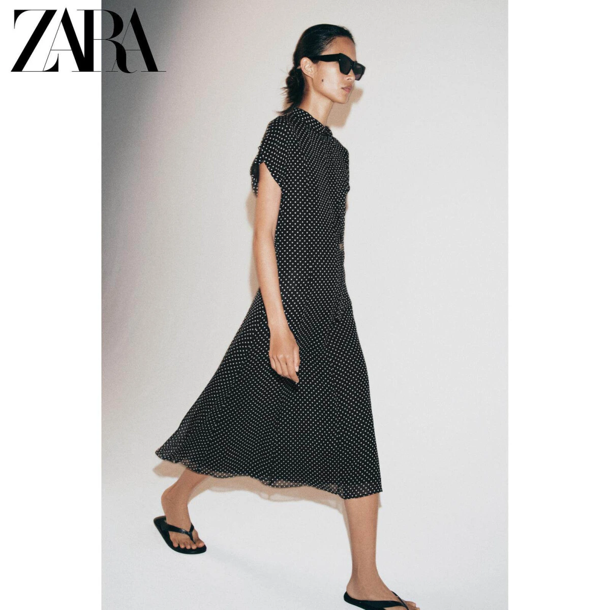 ZARA женское платье миди с коротким рукавом и круглым вырезом в горох картинка