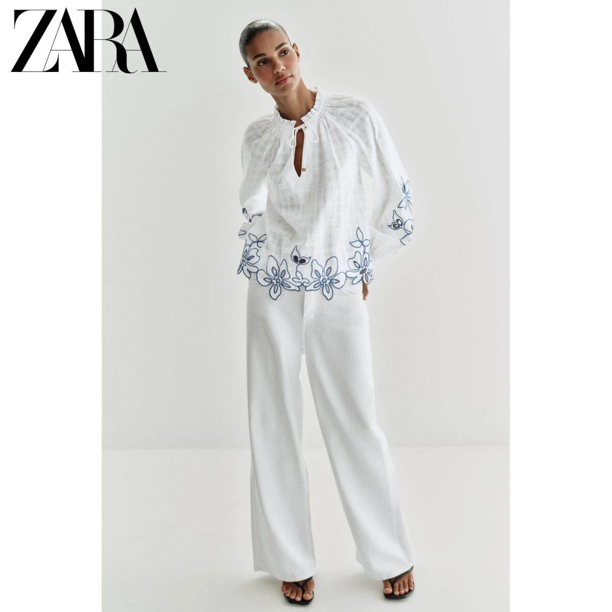 ZARA женская блузка с цветочным принтом длинные рукава круглый вырез картинка