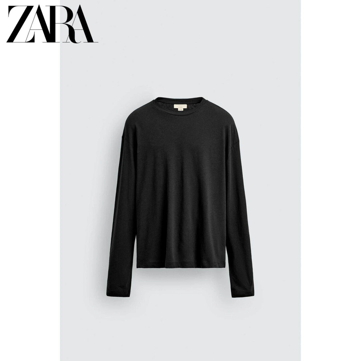 ZARA мужская свободная футболка из хлопка и льна с длинным рукавом в коричневом цвете картинка