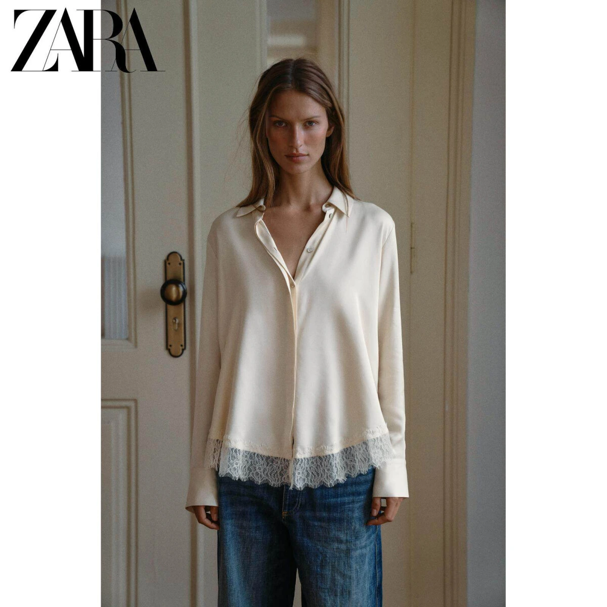 ZARA женская рубашка с кружевной отделкой сатиновая белая картинка