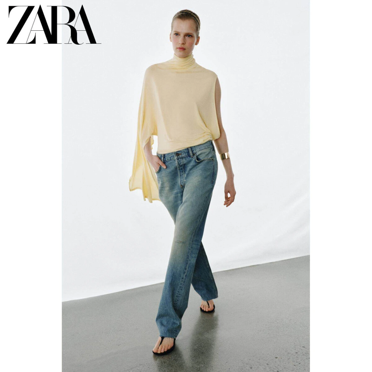ZARA ZW женские джинсы средней посадки с эффектом стирки прямые картинка
