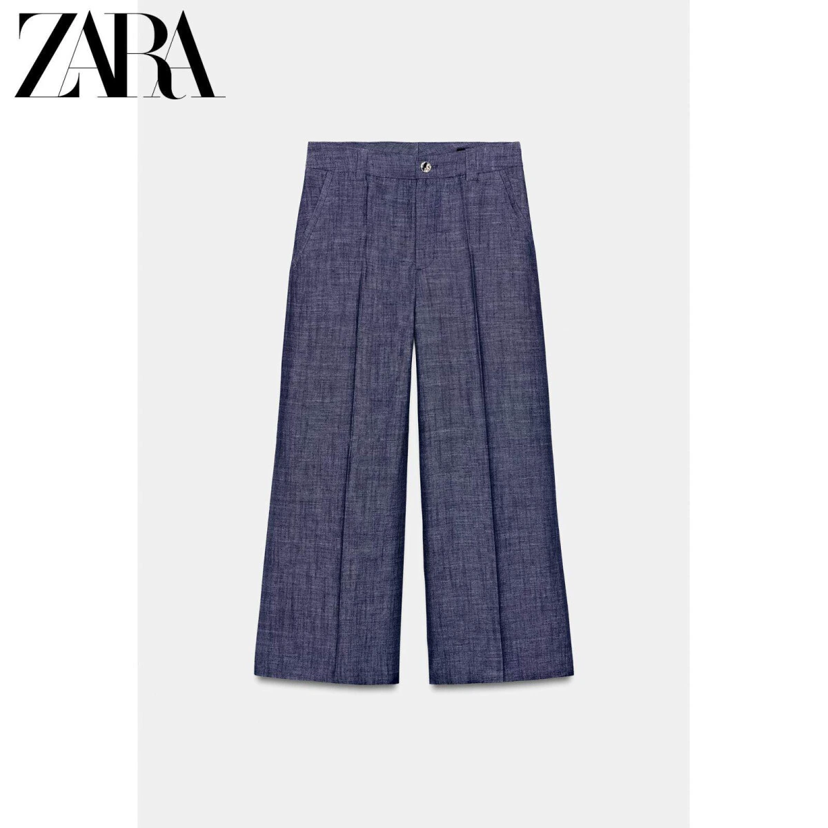 ZARA женские широкие брюки с высокой талией из вискозы и льна синие картинка
