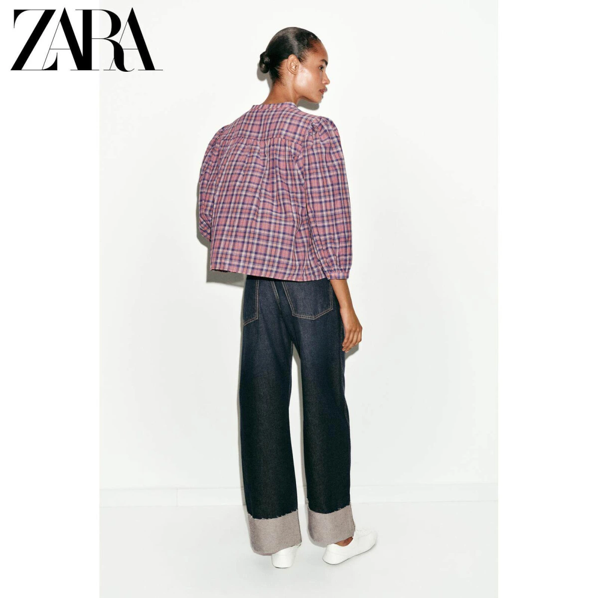 ZARA женская однотонная рубашка с круглым вырезом из 100% хлопка картинка