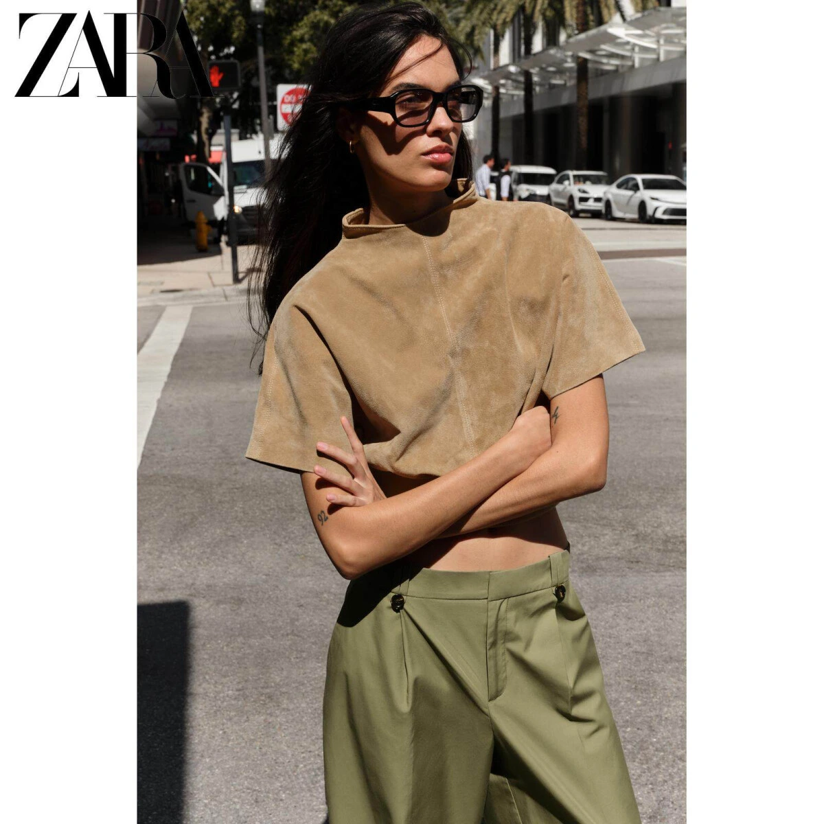 ZARA женские прямые брюки средней посадки хаки из хлопка и модала картинка