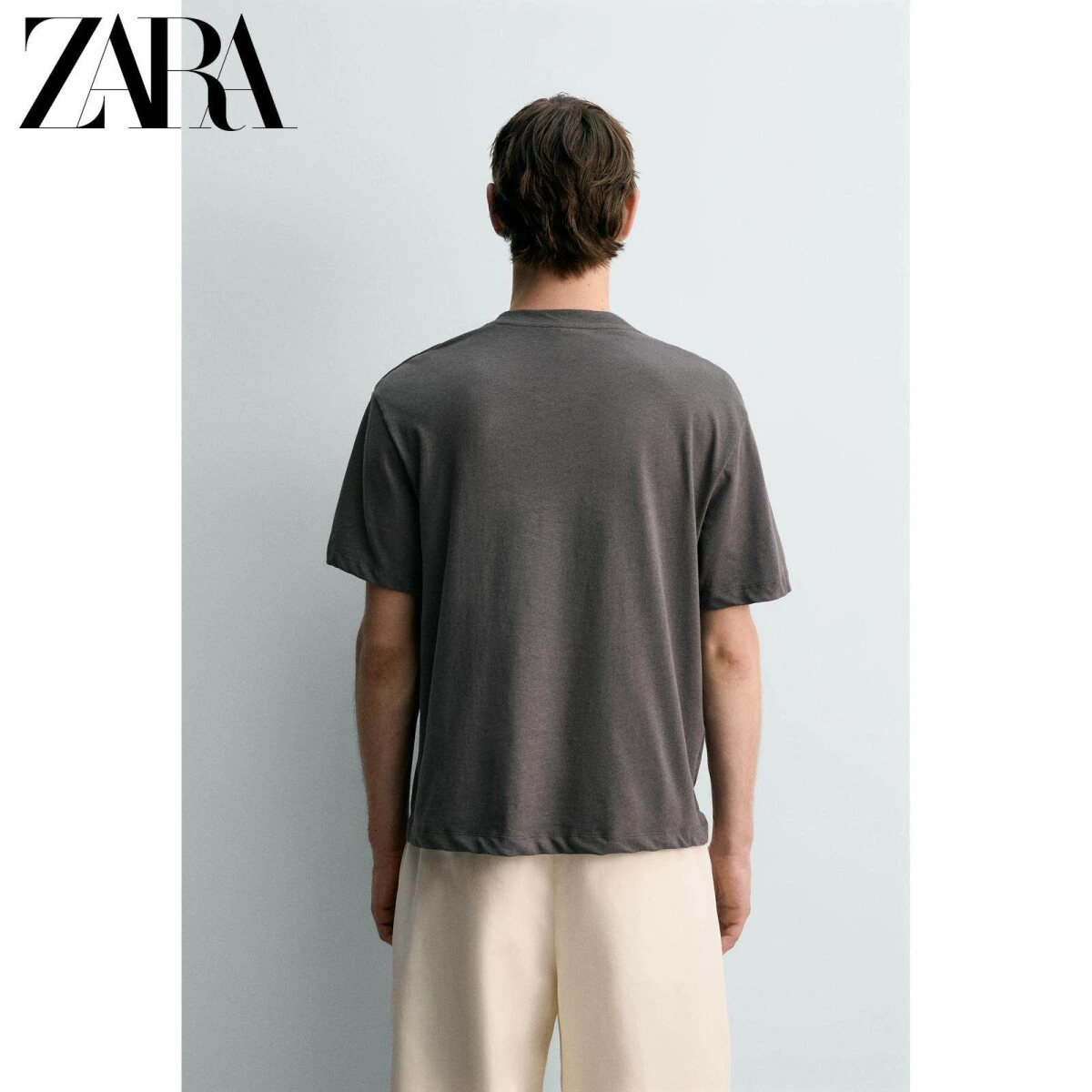ZARA мужские футболки свободного кроя из хлопка и льна в чёрном цвете картинка