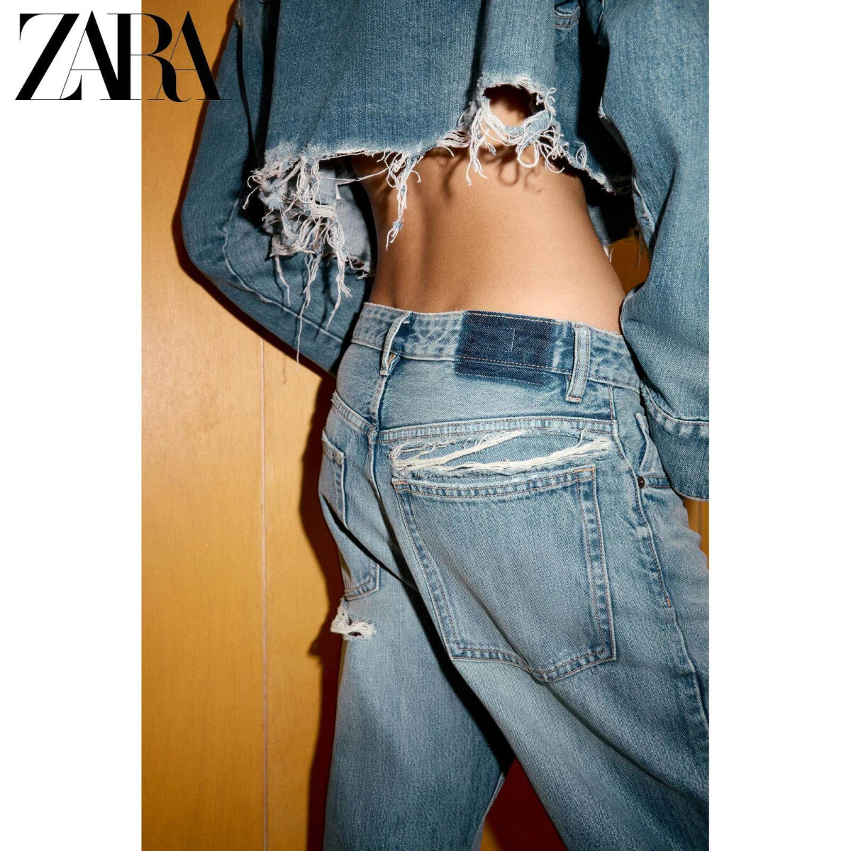 ZARA TRF женские рваные джинсы boyfriend средней посадки синие картинка