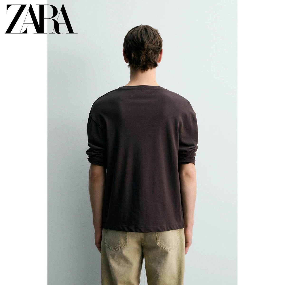 ZARA мужская свободная футболка из хлопка и льна с длинным рукавом в коричневом цвете картинка