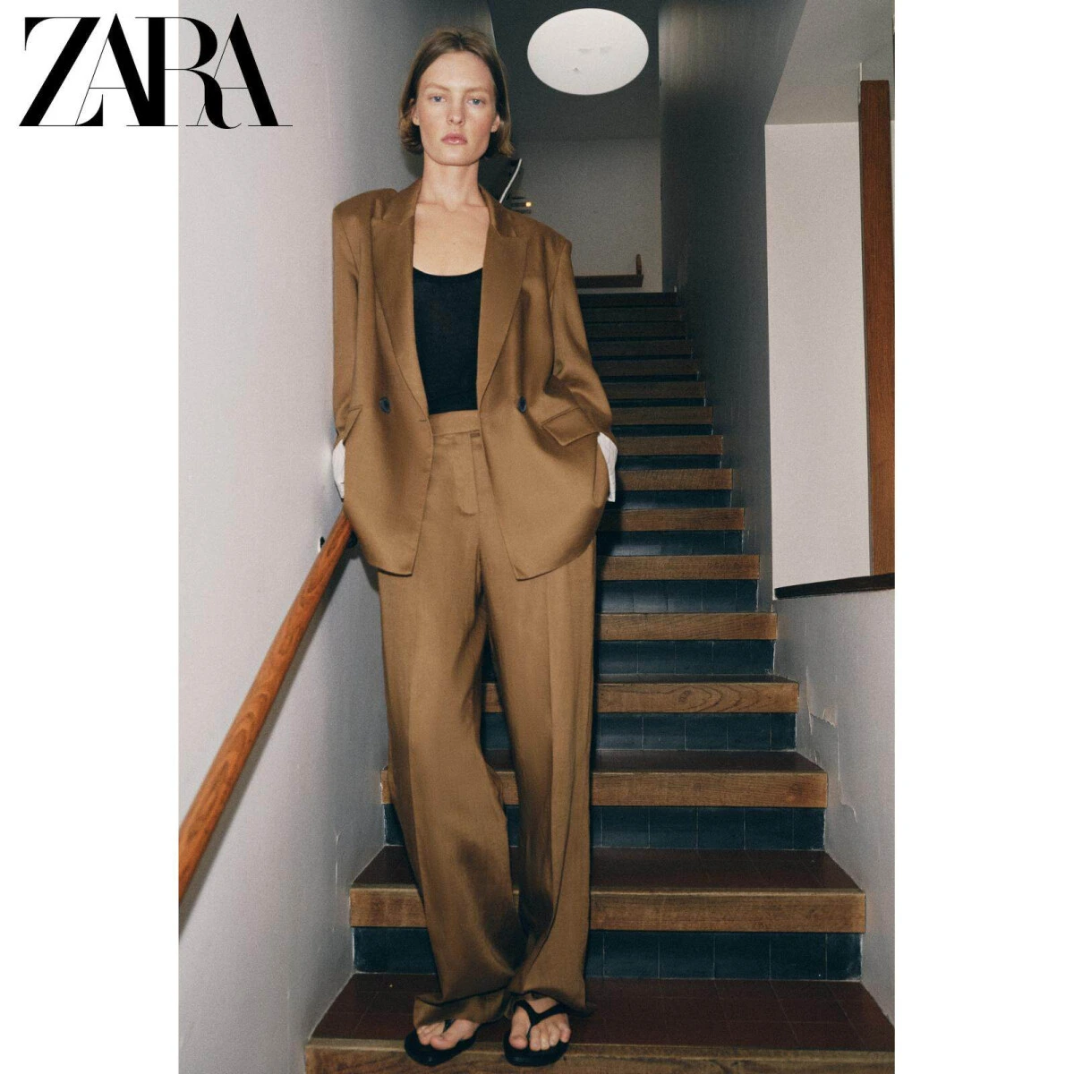 ZARA женские прямые брюки средней посадки льняные 2026 весна-лето картинка