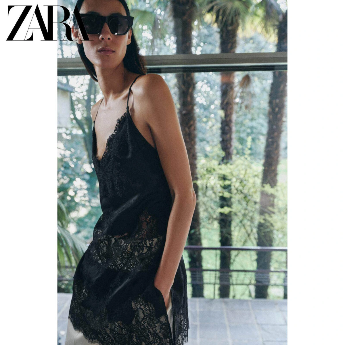 ZARA женский длинный топ на бретелях с V-вырезом и леяром черный картинка