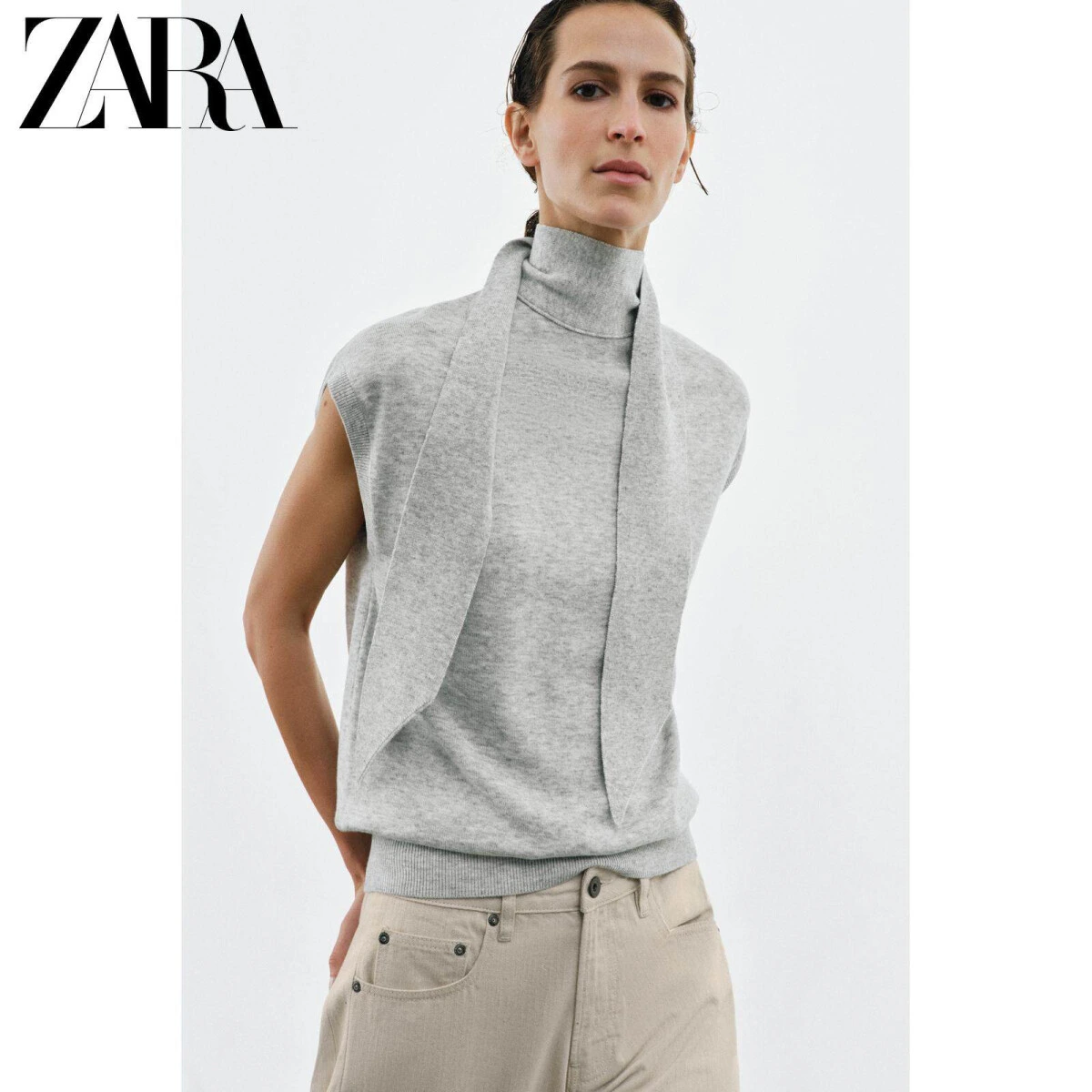 ZARA женский трикотажный жилет с высоким воротом и бантом однотонный картинка