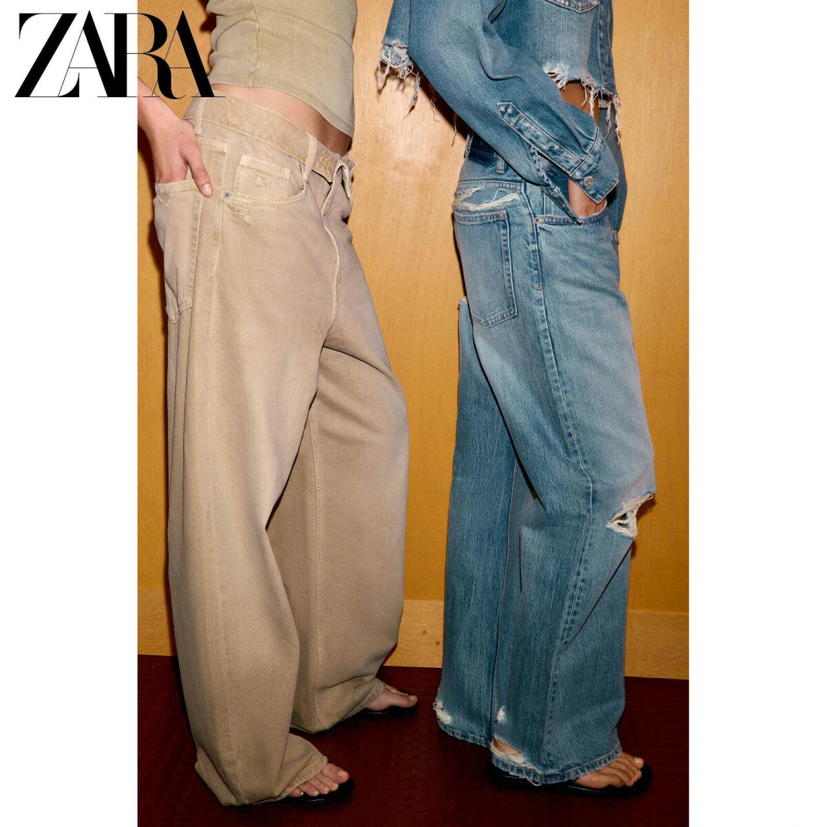 ZARA TRF женские рваные джинсы boyfriend средней посадки синие картинка