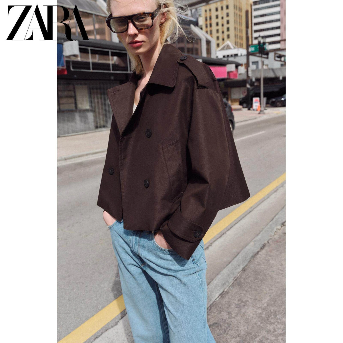 ZARA женский короткий тренч с длинным рукавом и отложным воротником картинка