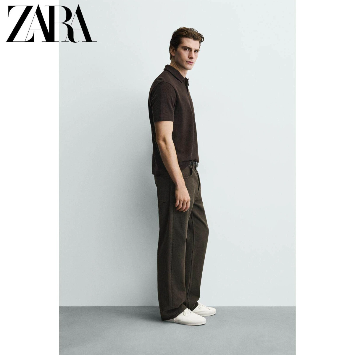 ZARA мужские поло с вафельной текстурой приталенного кроя картинка