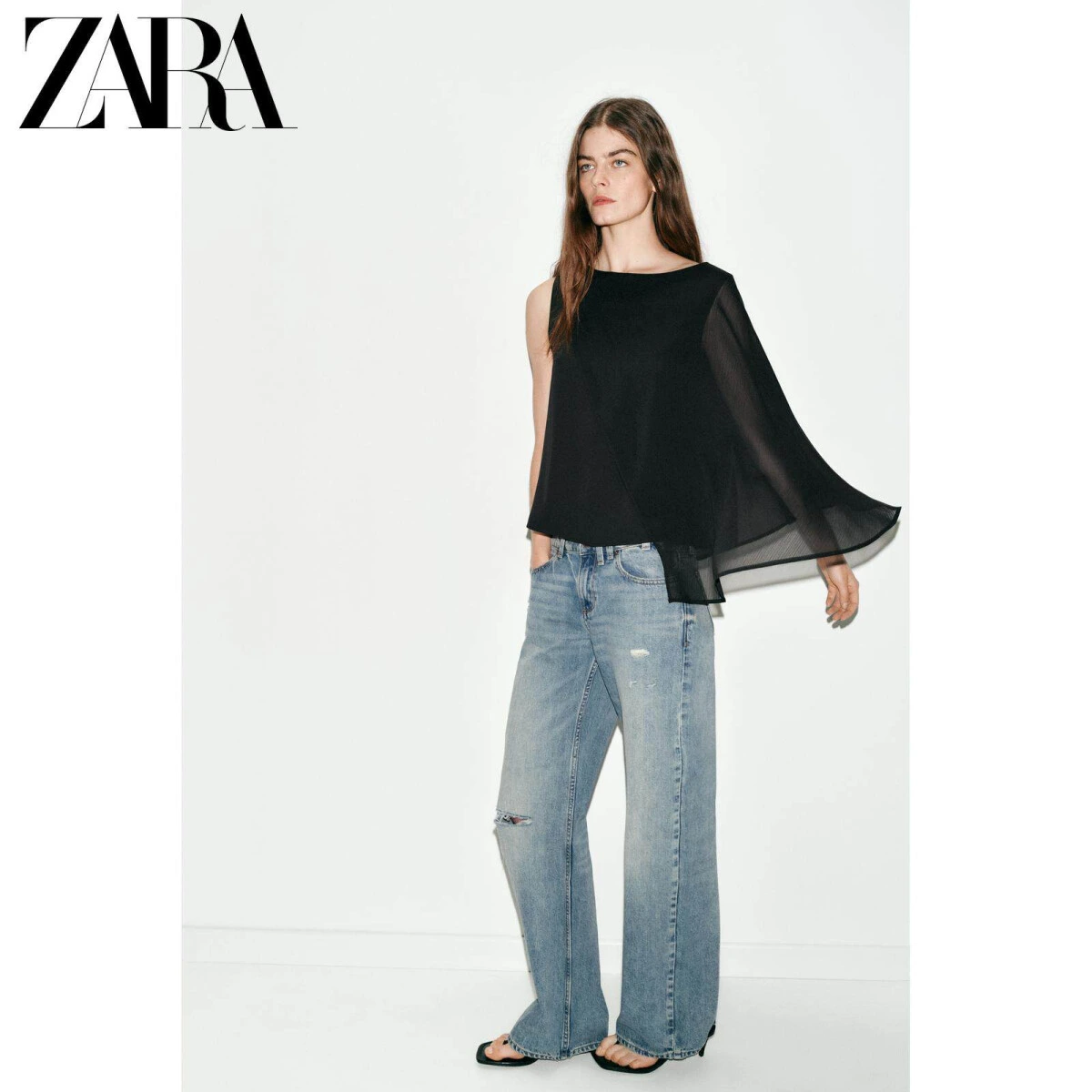 ZARA женская блузка без рукавов с пэчворк-декором чёрная картинка