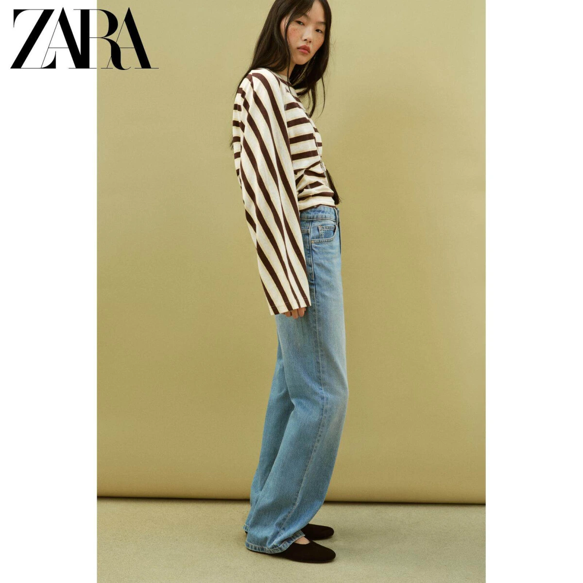 ZARA женская футболка длинный рукав хлопок-лен полосатая картинка