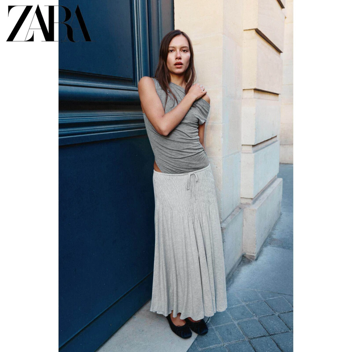 ZARA женский асимметричный топ без рукавов со складками серый картинка