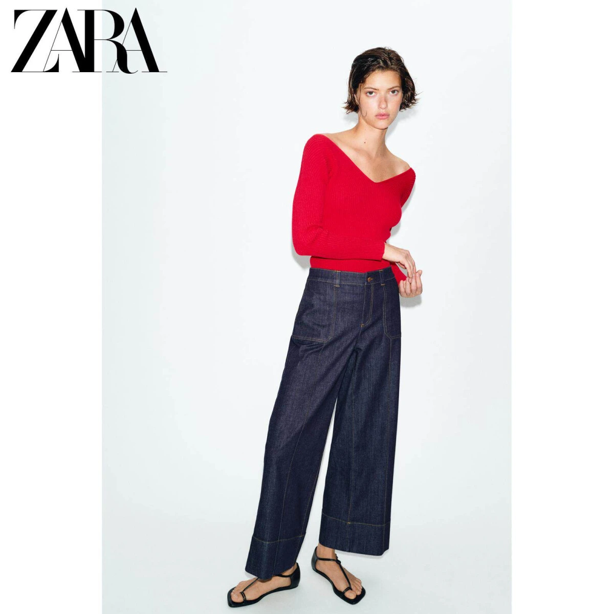 ZARA Z1975 женские средние свободные джинсы широкие с хлопком и эластаном картинка