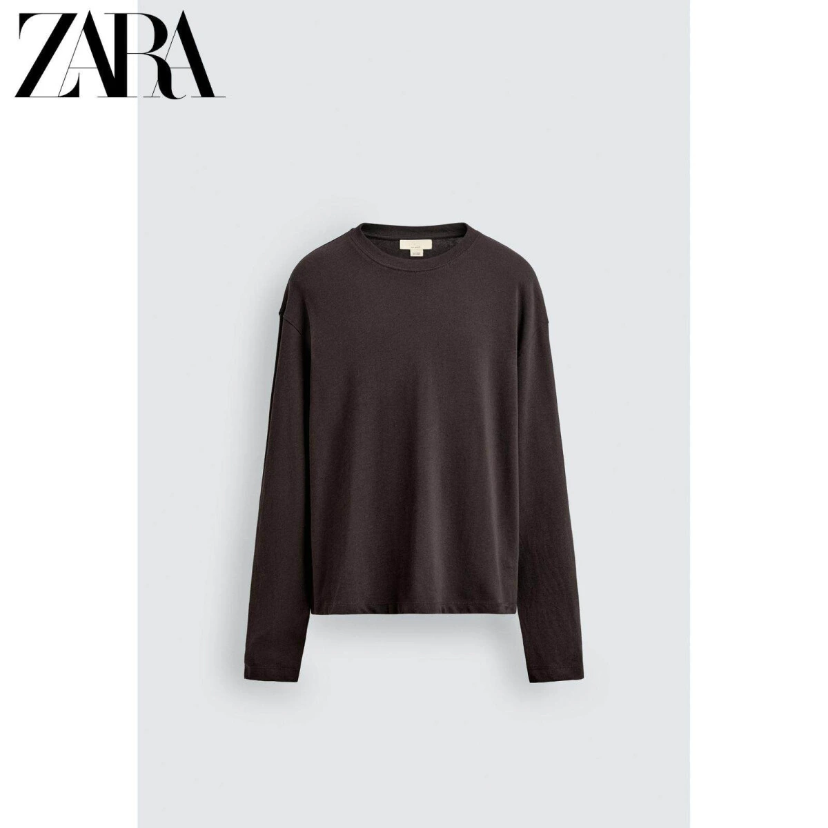 ZARA мужская свободная футболка из хлопка и льна с длинным рукавом в коричневом цвете картинка