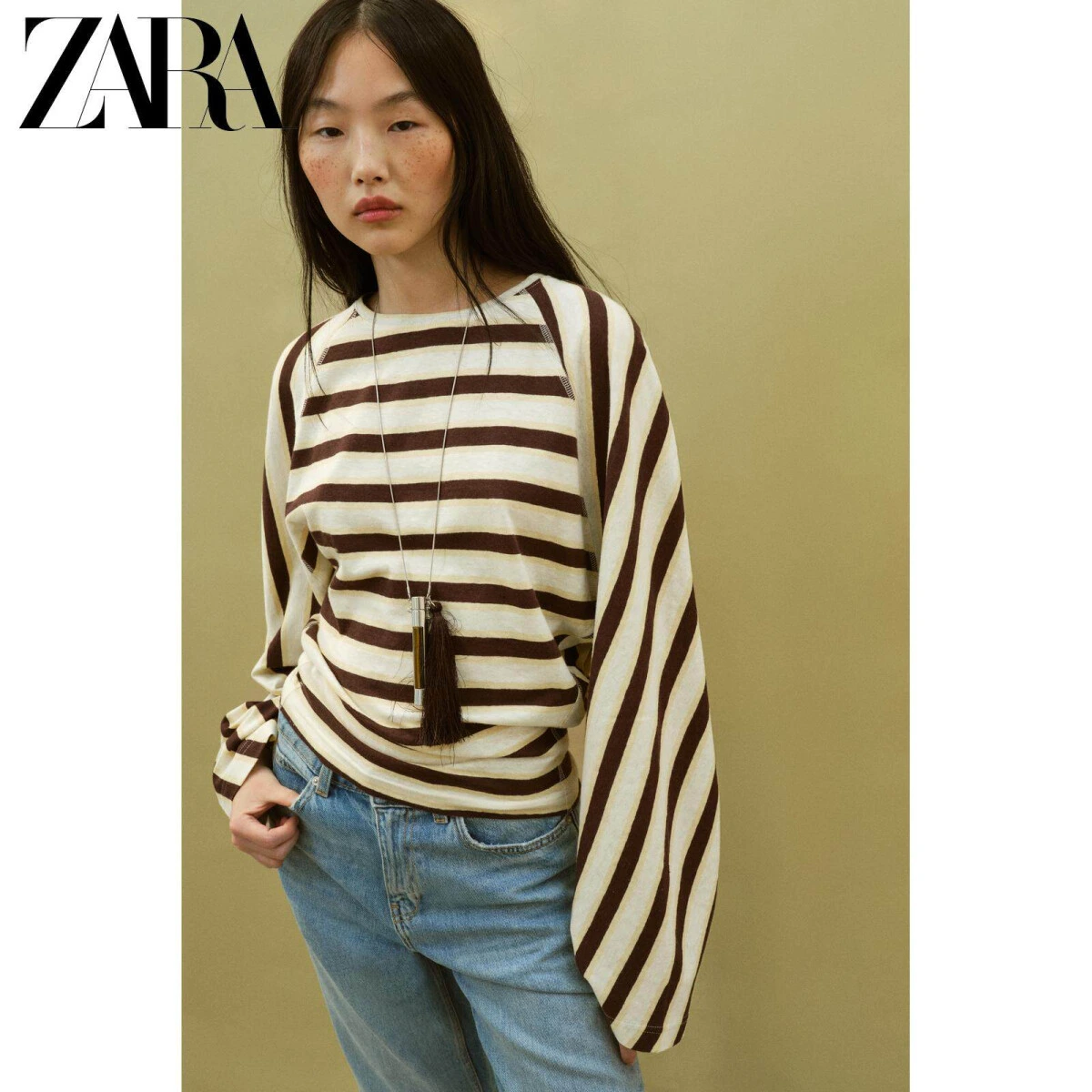 ZARA женская футболка длинный рукав хлопок-лен полосатая картинка
