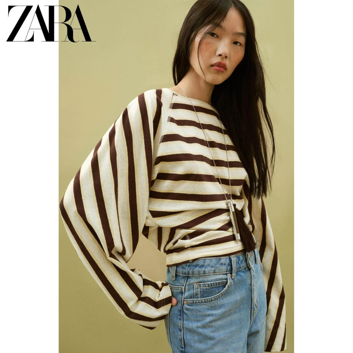ZARA женская футболка длинный рукав хлопок-лен полосатая картинка