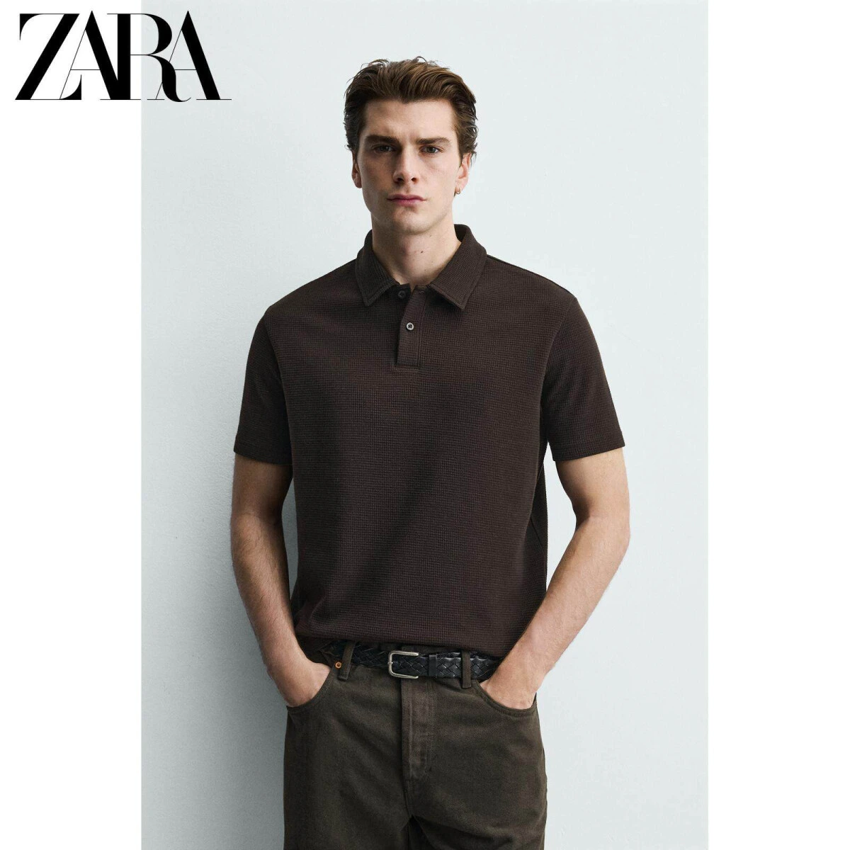 ZARA мужские поло с вафельной текстурой приталенного кроя картинка