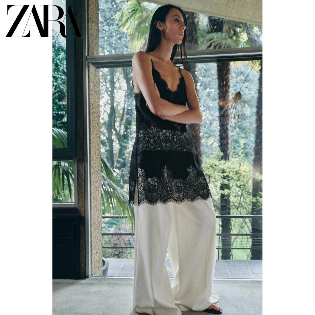 ZARA женский длинный топ на бретелях с V-вырезом и леяром черный картинка