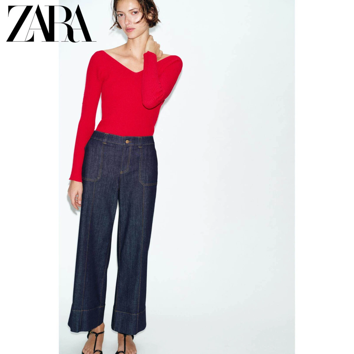 ZARA Z1975 женские средние свободные джинсы широкие с хлопком и эластаном картинка