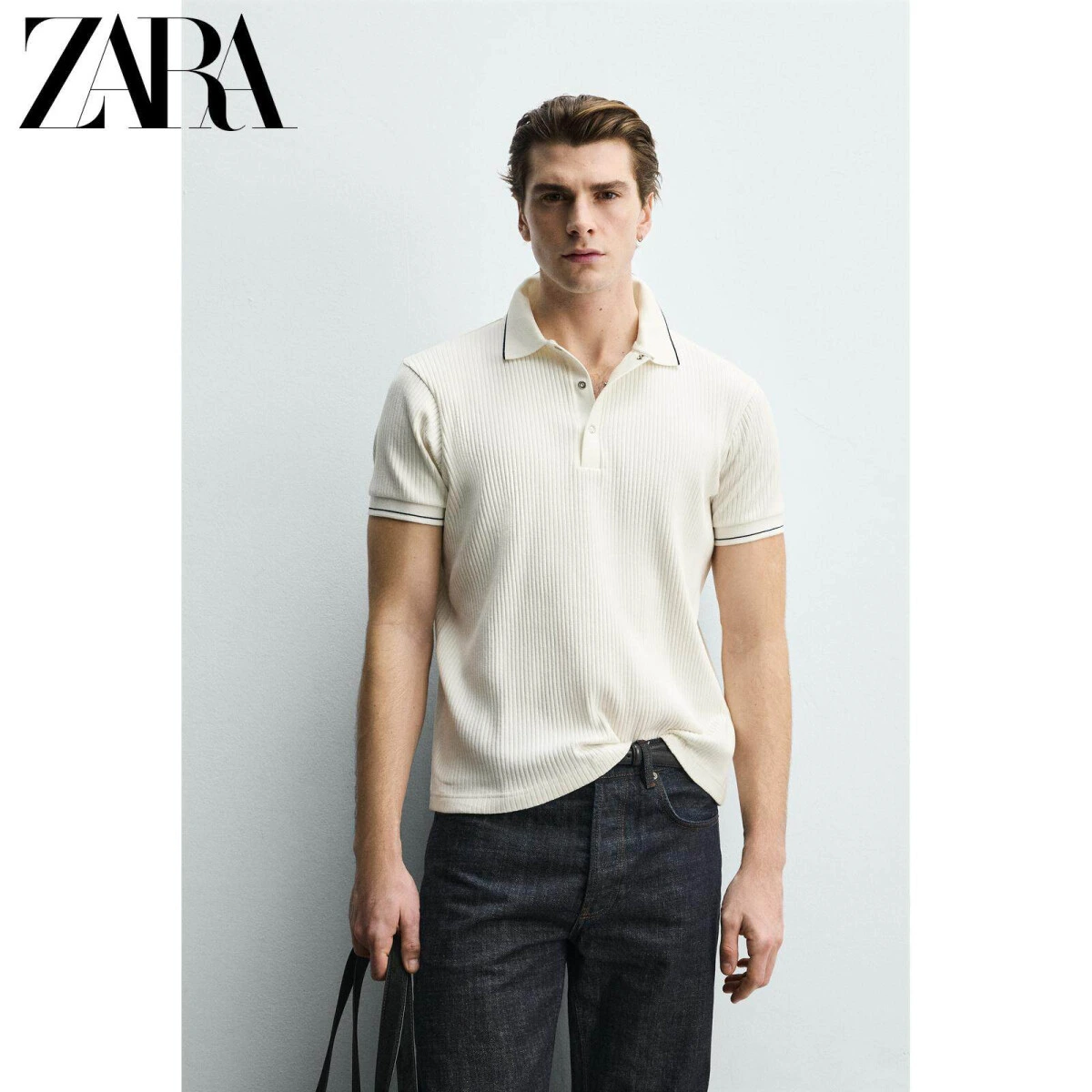 ZARA мужская рифленая футболка-поло из хлопка с эластаном картинка