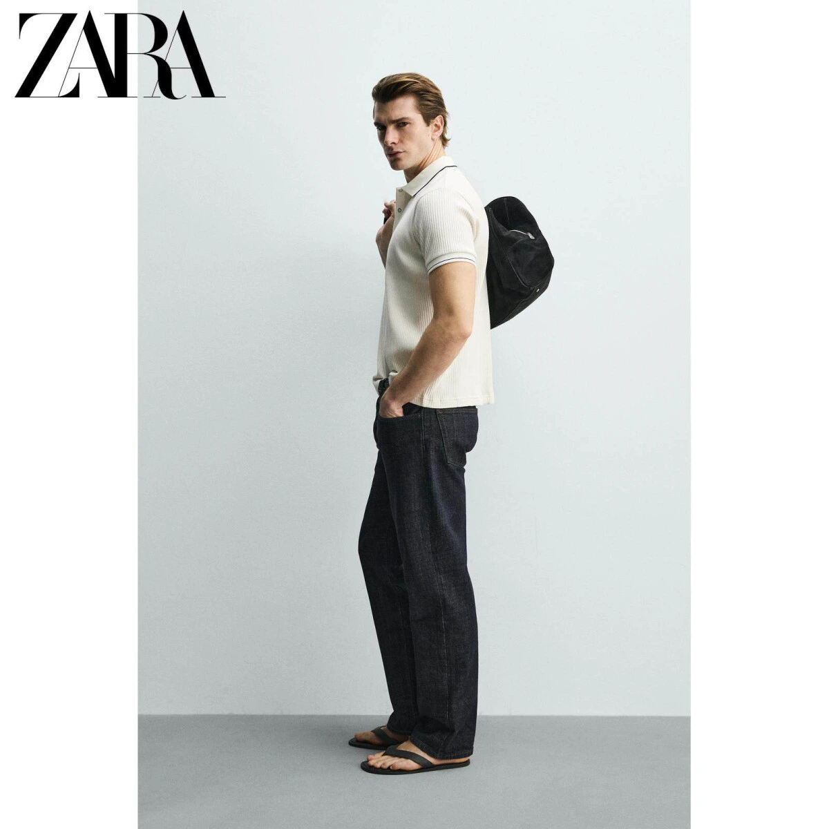 ZARA мужская рифленая футболка-поло из хлопка с эластаном картинка