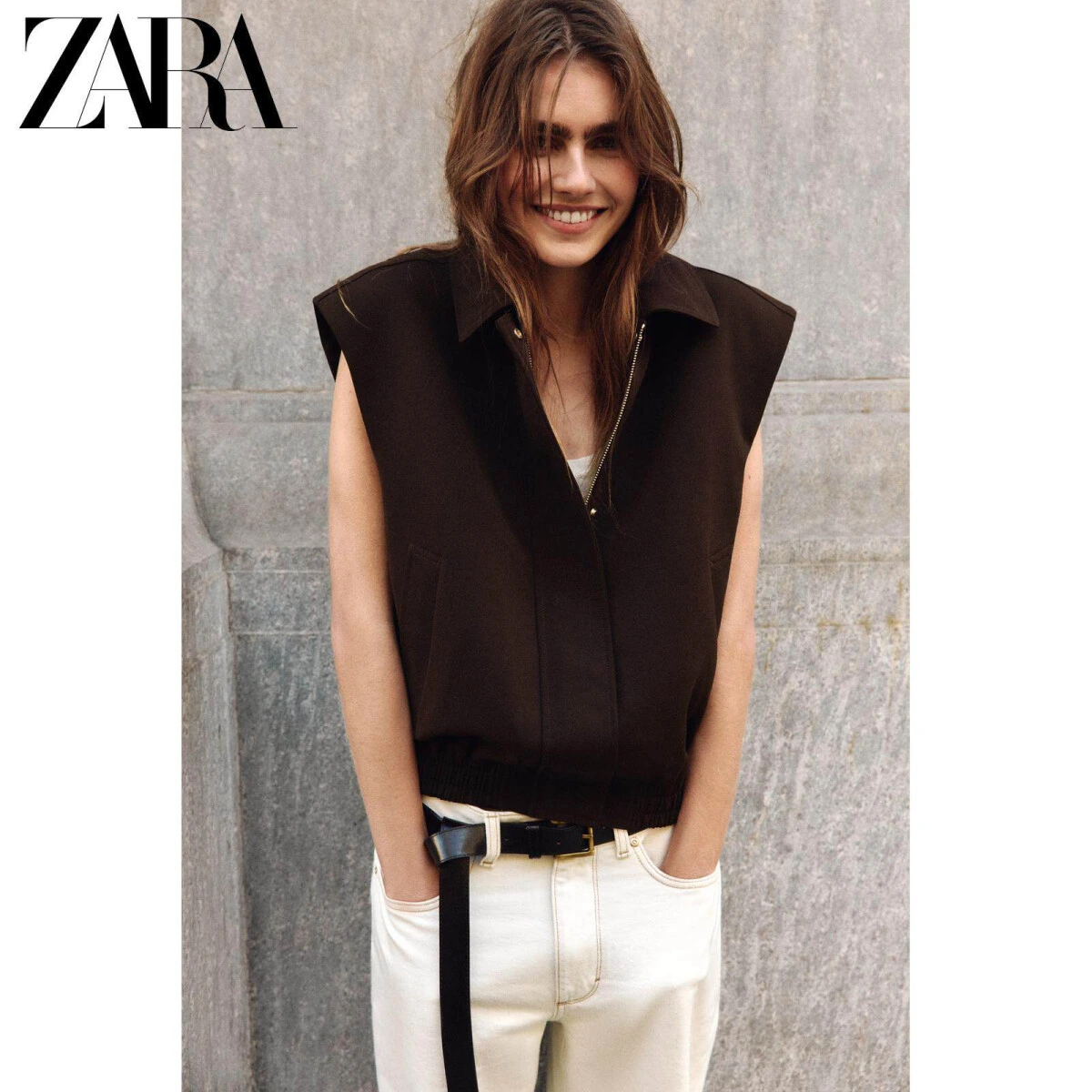 ZARA женский жилет без рукавов с отложным воротником и подплечниками картинка