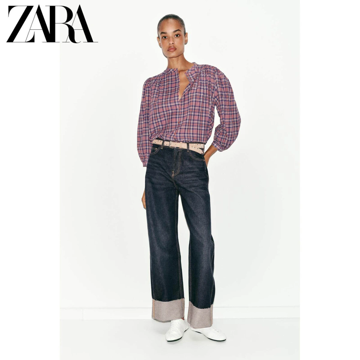 ZARA женская однотонная рубашка с круглым вырезом из 100% хлопка картинка