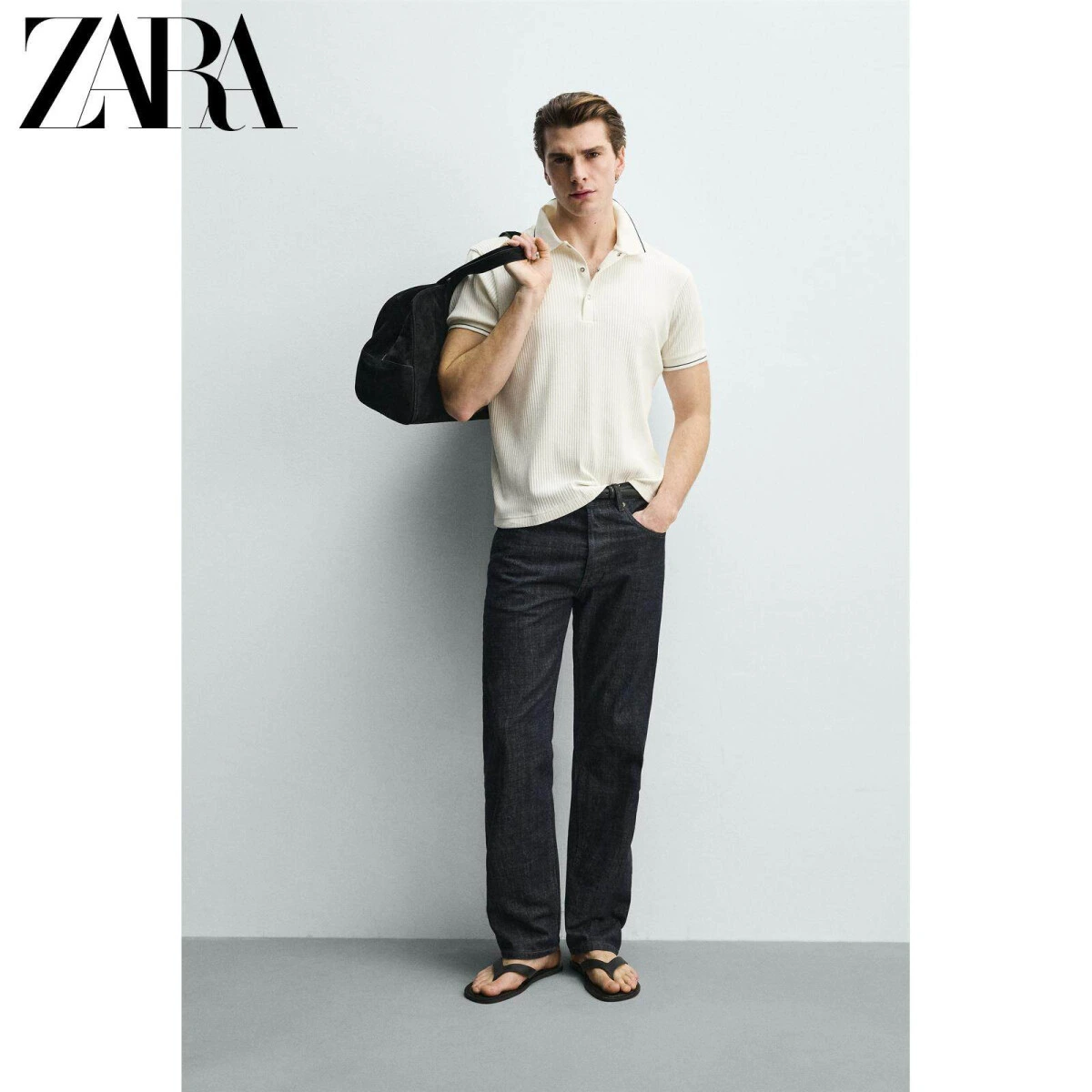 ZARA мужская рифленая футболка-поло из хлопка с эластаном картинка