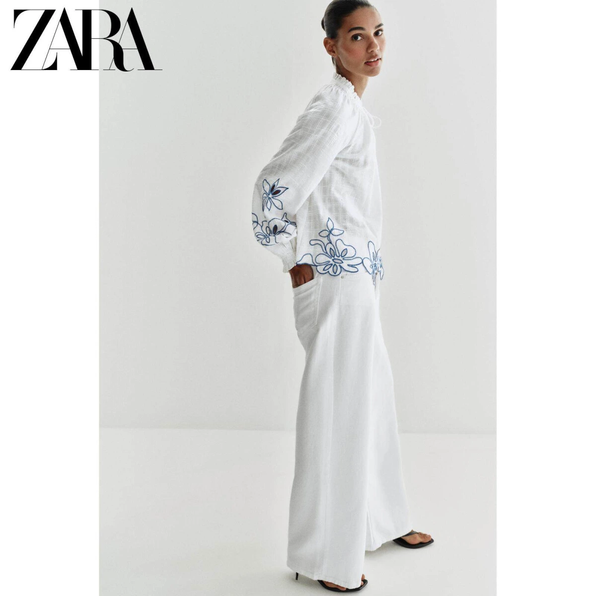 ZARA женская блузка с цветочным принтом длинные рукава круглый вырез картинка