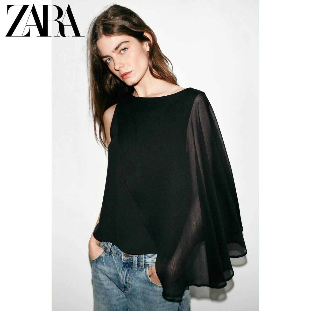 ZARA женская блузка без рукавов с пэчворк-декором чёрная картинка