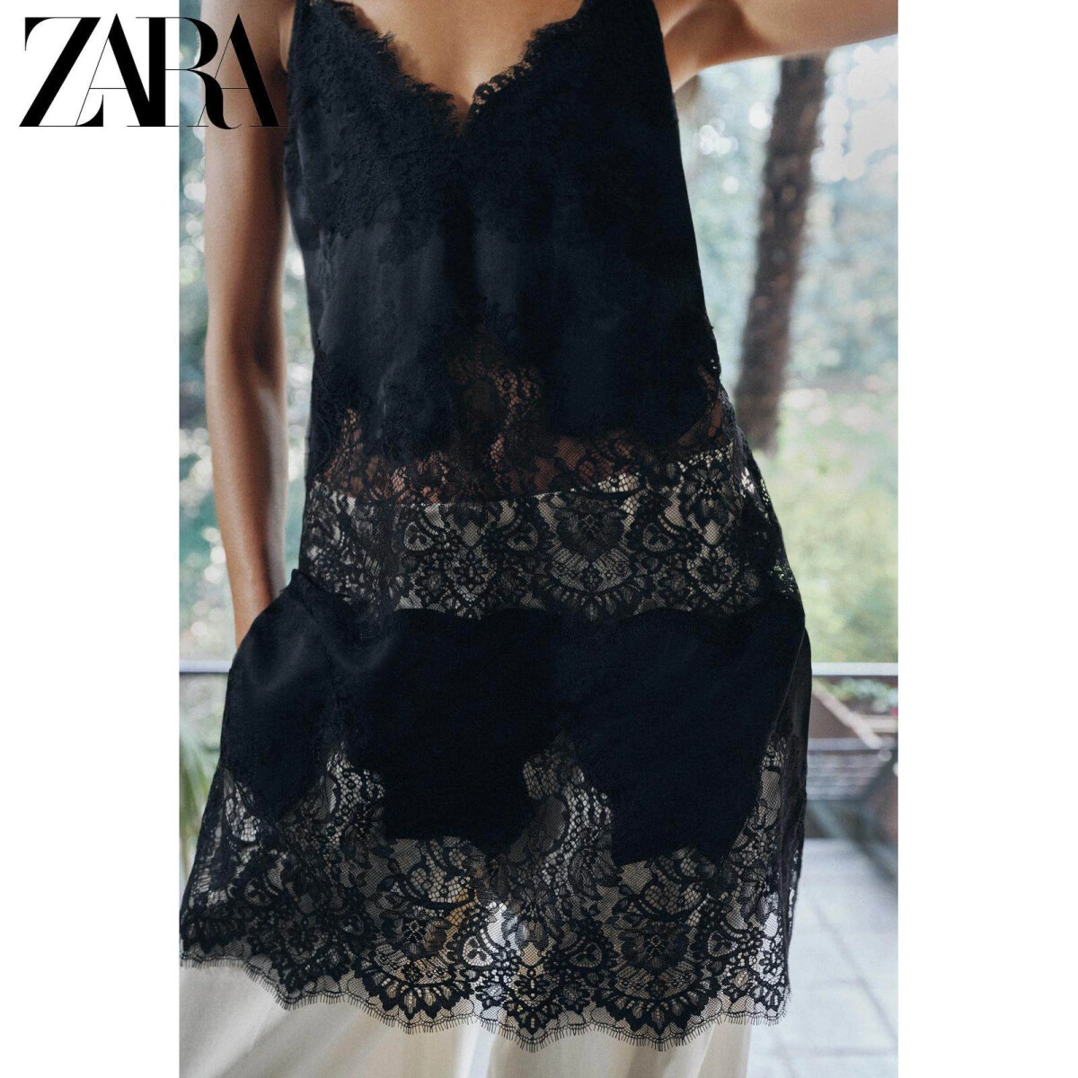 ZARA женский длинный топ на бретелях с V-вырезом и леяром черный картинка