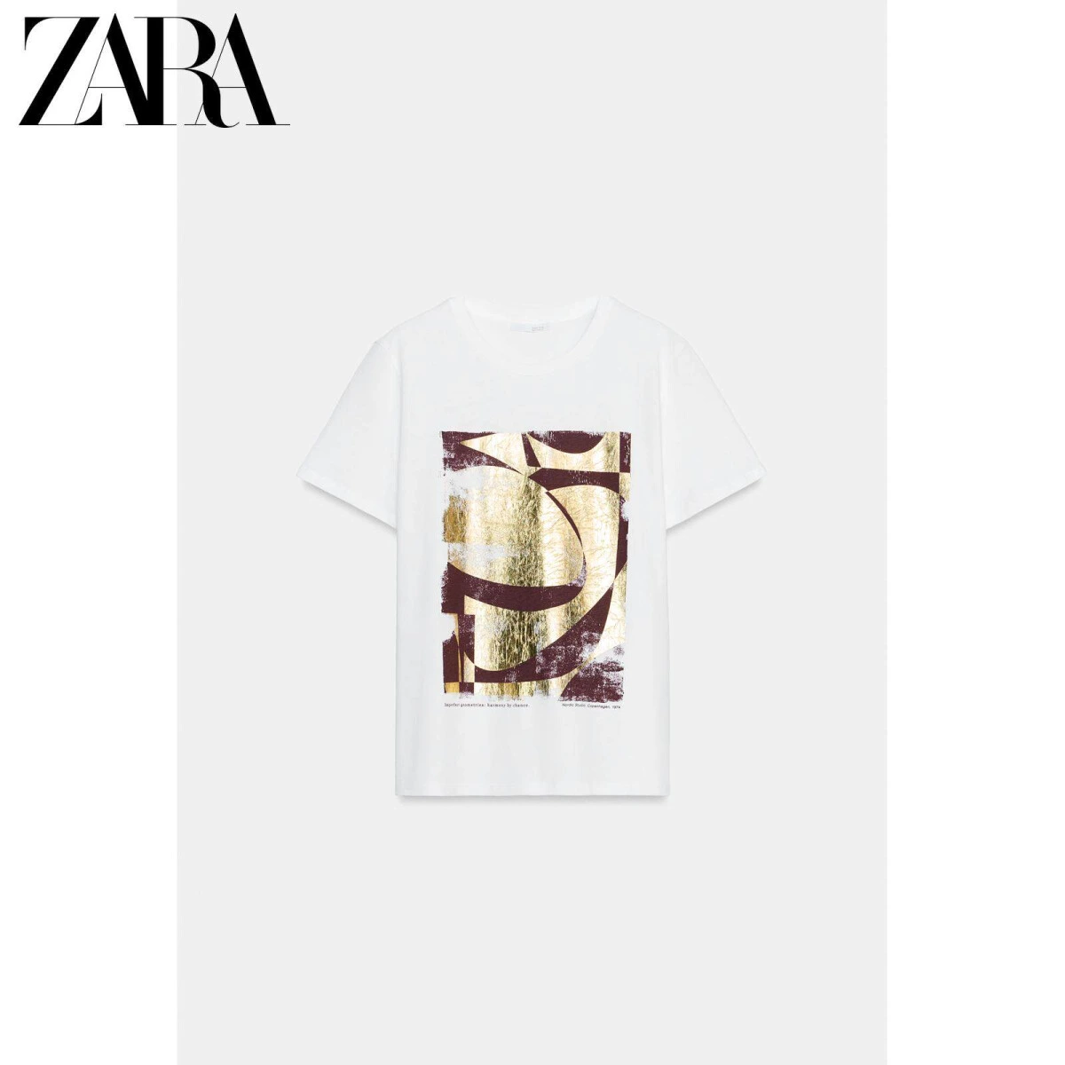 ZARA женская хлопковая футболка с металлическим принтом круглый вырез в золотом цвете картинка